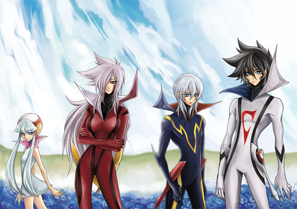 2girls, android, black_hair, blue_eyes, bodysuit, casshern, casshern_sins, dio