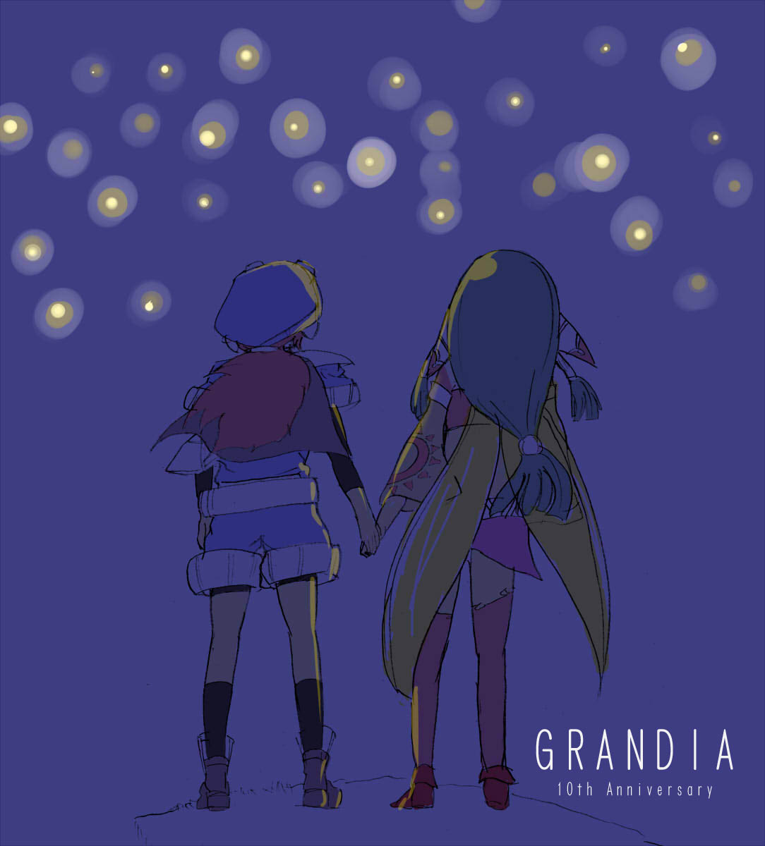 1boy, 1girl, anniversary, copyright_name, feena_(grandia), game_arts, grandia, grandia_i, hand_holding, hat, highres, justin_(grandia), long_hair, low-tied_long_hair, night, tied_hair