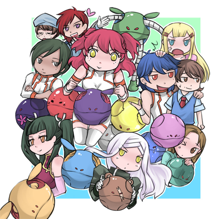 3boys, 6+girls, ;o, armlet, bad_anatomy, bad_haro, ball, bare_shoulders