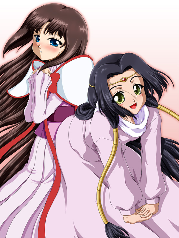 2girls, after_war_gundam_x, black_hair, blue_eyes, blush, brown_hair, code_geass, cosplay, costume_switch, crown, gundam, hair_tubes, hat, kanai_mika, long_hair, multiple_girls, seiyuu_connection, sumeragi_kaguya, tanan, tiffa_adill, yellow_eyes