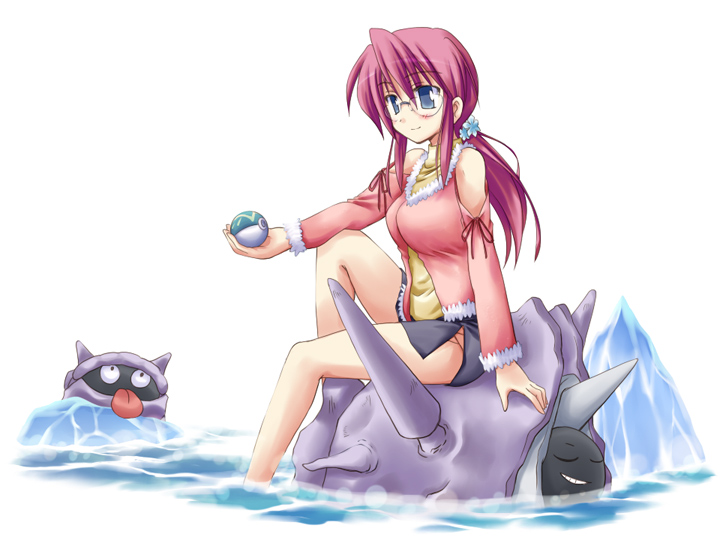 1girl, blue_eyes, blush, cloyster, creaholic, detached_sleeves, dive_ball, elite_four, feet_in_water, female, fur, glasses, holding, holding_poke_ball, kanna_(pokemon), leg_lift, lingerie, miniskirt, nintendo, pencil_skirt, poke_ball, pokemon, ponytail, purple_hair, redhead, shellder, sitting, skirt, smile, soaking_feet, toshihiro, underwear, water
