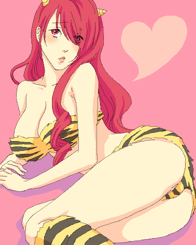 bikini, blush, breasts, cleavage, cosplay, hair_over_one_eye, heart, horns