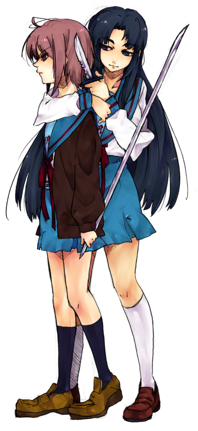 asakura_ryouko, blue_hair, cardigan, knife, long_hair, nagato_yuki, purple_hair, school_uniform