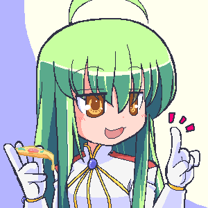 1girl, ahoge, c.c., code_geass, cosplay, food, gloves, green_hair, imageboard_colors, izumi_konata, long_hair, lowres, lucky_star, oekaki, parody, pizza, solo, style_parody, suzuuchi_yayoi