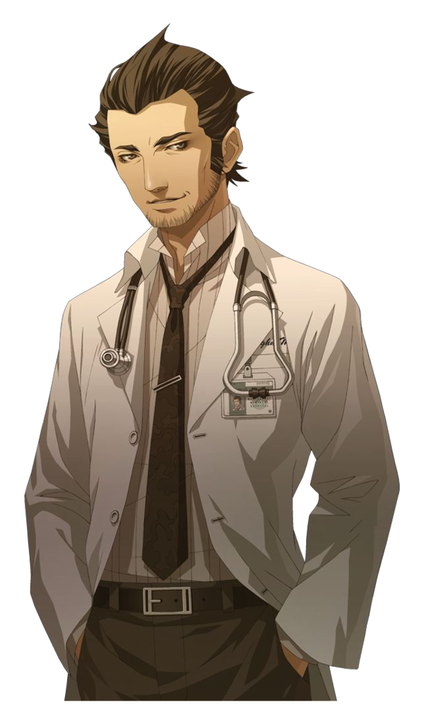 beard, belt, brown_hair, chou_shittou_caduceus, doctor, doi_masayuki, facial_hair, hands_in_pockets, labcoat, male, markus_vaughn, necktie, official_art, short_hair, silver_eyes, smile, solo, stethoscope, trauma_center