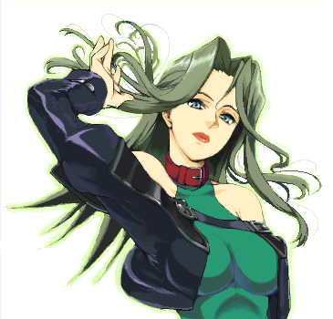1girl, banpresto, blonde_hair, breasts, choker, circumflex_(noduti), green_eyes, lamia_loveless, large_breasts, lipstick, long_hair, lowres, makeup, oekaki, solo, super_robot_wars