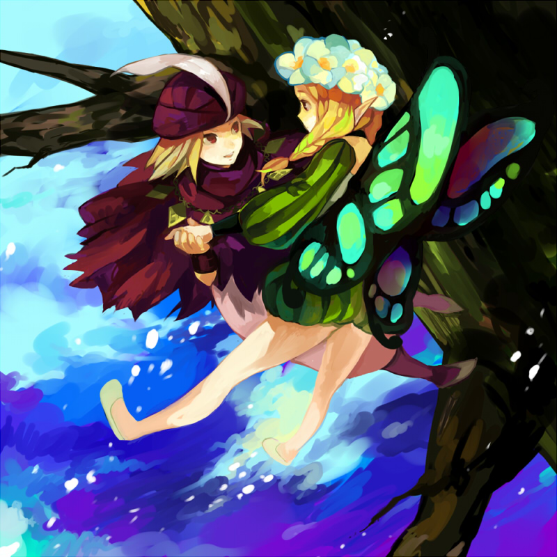 1boy, 1girl, bad_id, blonde_hair, butterfly_wings, fairy, flower, hand_holding