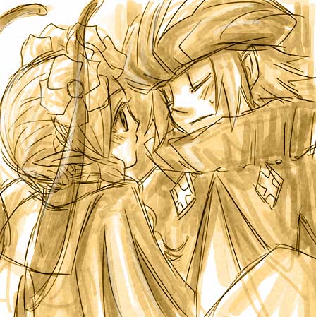 1boy, 1girl, bad_id, ingway_(odin_sphere), lowres, mercedes, odin_sphere, sepia