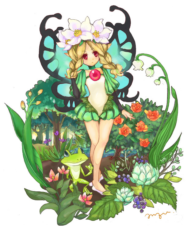 1girl, anzu_(pixiv), blonde_hair, braid, butterfly_wings, fairy, flower, frog