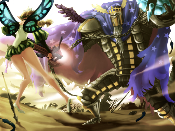 1boy, 1girl, armor, battle, bow_(weapon), butterfly_wings, cape, chains