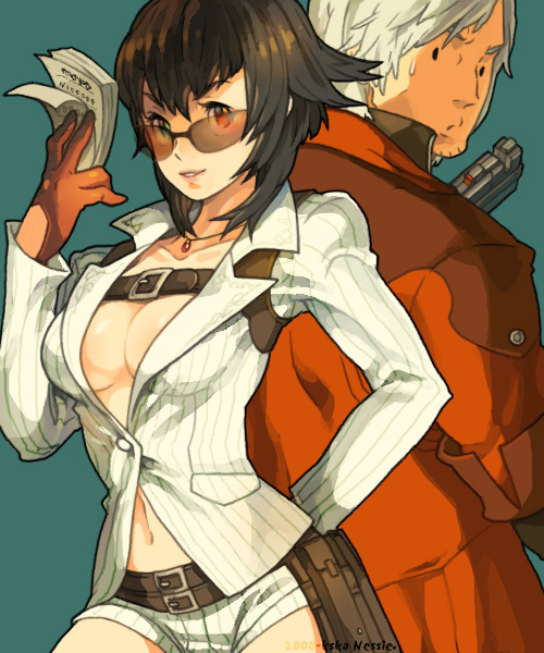 1boy, 1girl, back-to-back, bad_id, belt, breasts, brown_hair, capcom