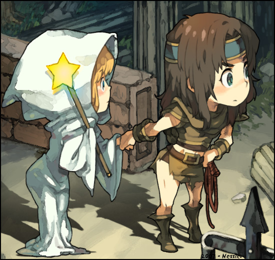 1boy, 1girl, bad_id, castlevania, castlevania_iii:_dracula's_curse, chibi, hand_holding, headband