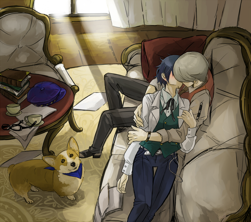 androgynous, bandana, blazer, blue_hair, blush, book, bowtie, cabbie_hat