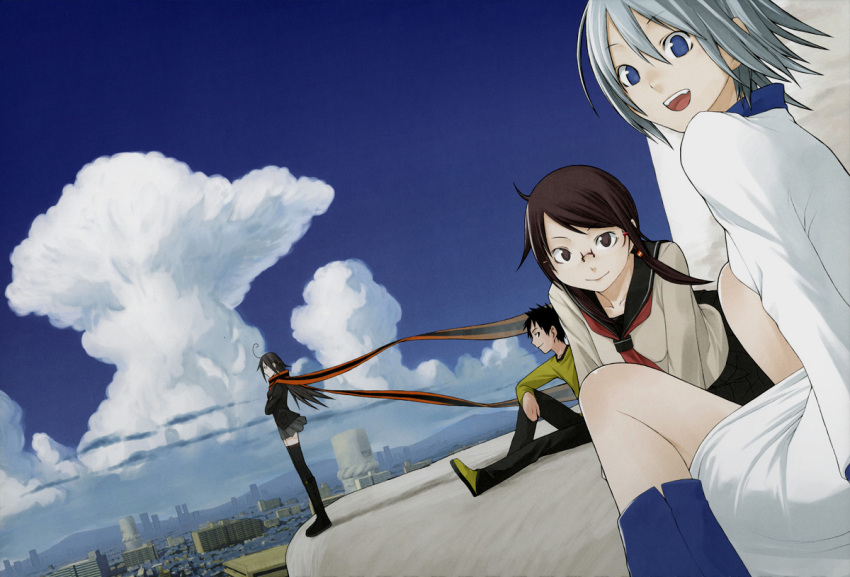 animal_ears, blue_eyes, blue_hair, boots, brown_hair, cat_ears, cityscape, clouds