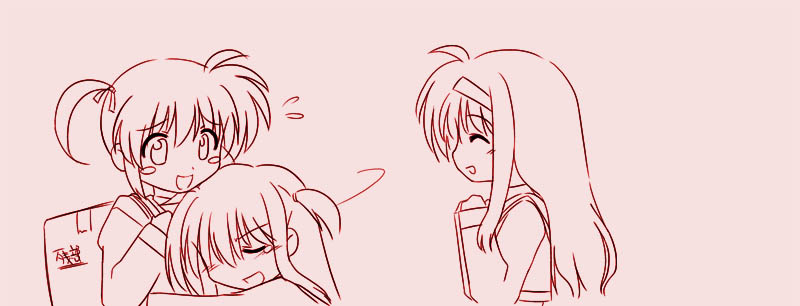 00s, 3girls, arisa_bannings, hug, lyrical_nanoha, mahou_shoujo_lyrical_nanoha, monochrome, multiple_girls