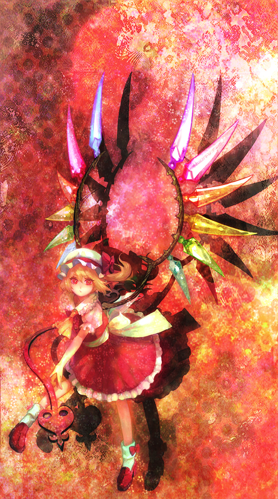 1girl, bad_id, blonde_hair, female, flandre_scarlet, footwear, hat, hiroko_(artist)