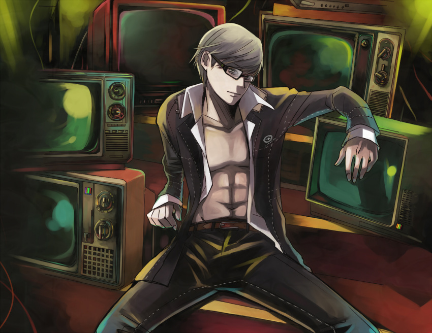 bad_id, belt, glasses, grey_eyes, grey_hair, kazuki_(kazu-king), kazuki_(pixiv300776), male, narukami_yuu, navel, open_clothes, open_shirt, persona, persona_4, school_uniform, seta_souji, shirt, short_hair, spread_legs, television