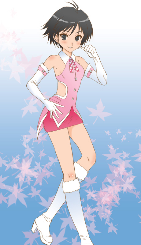 antenna_hair, black_hair, boots, cute_&amp;_girly_(idolmaster), elbow_gloves, gloves, idolmaster, kikuchi_makoto