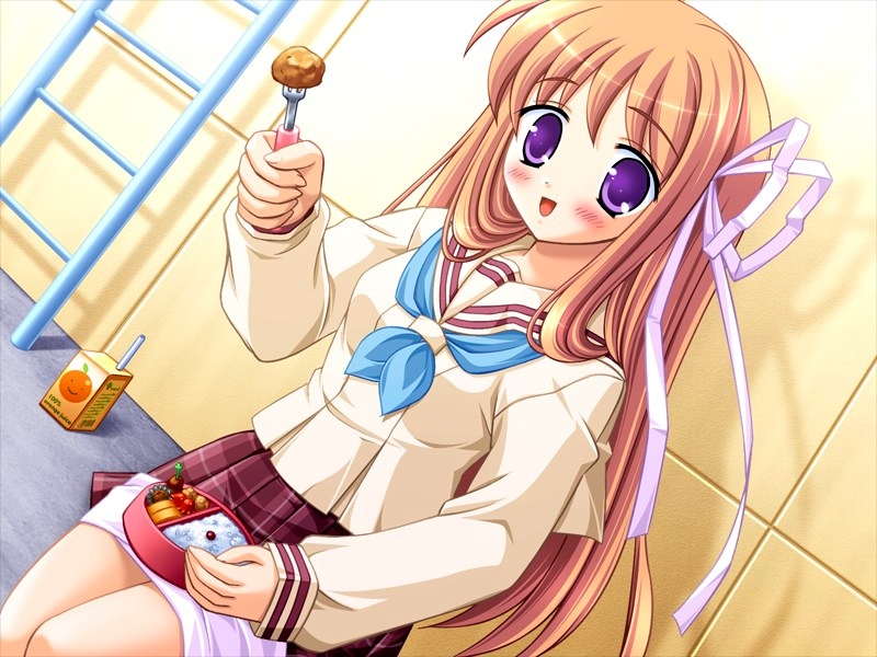 1girl, blush, bow, chinjao_roosu, eating, food, fork, fujimoto_mihane, game_cg, haa_haa_telepath, holding, holding_fork, juice_box, napkin, obentou, orange_hair, school_uniform, serafuku, solo, source_request, violet_eyes
