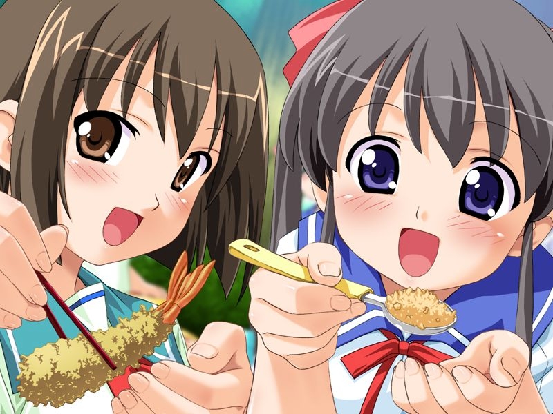 2girls, blue_eyes, blush, brown_eyes, brown_hair, chopsticks, eating, food