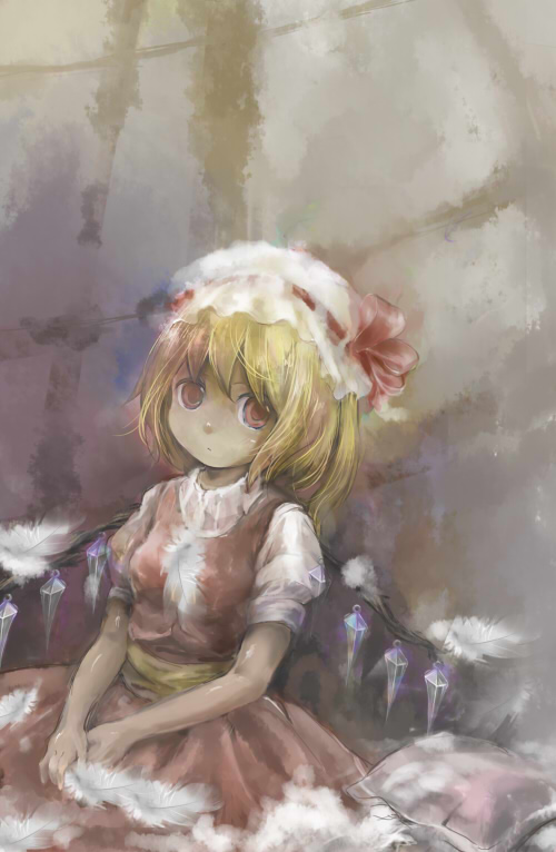 blonde_hair, feathers, female, flandre_scarlet, hat, mathnote, ribbon, short_hair