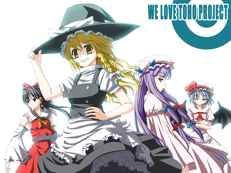 4girls, apron, ascot, bad_id, bat_wings, black_hair, blonde_hair, blue_hair