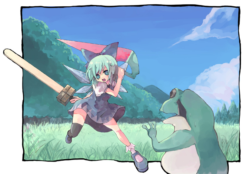 advent_cirno, asymmetrical_clothes, bad_id, blue_eyes, blue_hair, cirno, female, frog