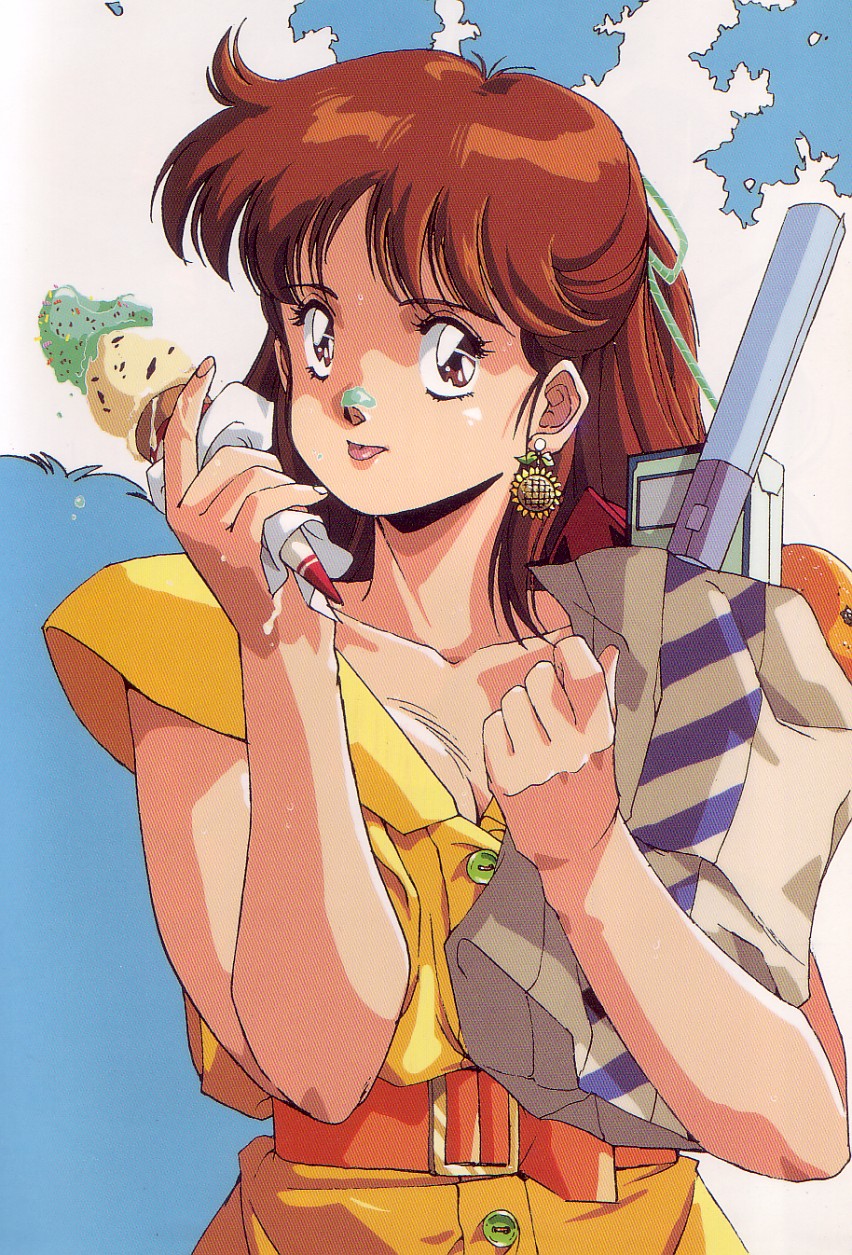 1girl, 80s, anice_farm, brown_hair, chouon_senshi_borgman, food, half_updo, highres