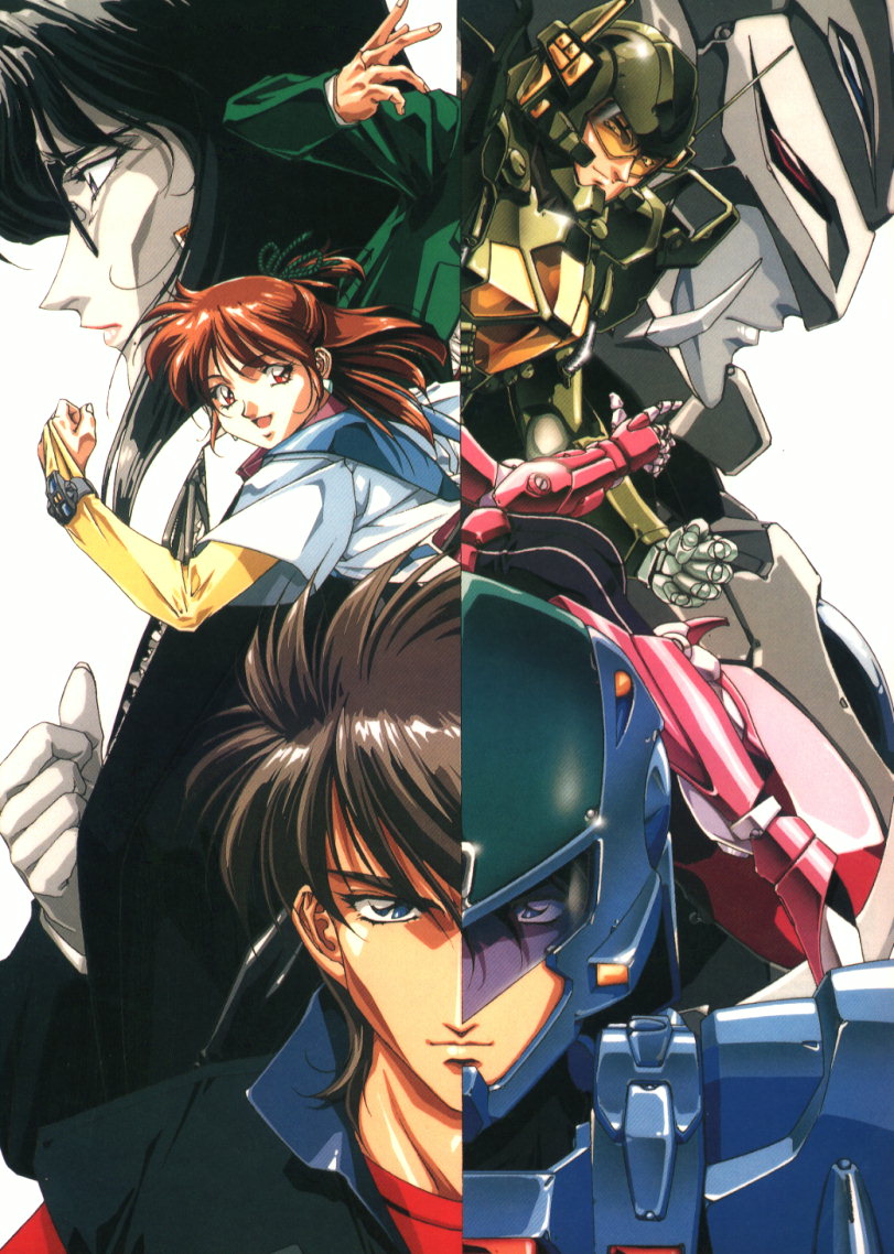 2boys, 2girls, 80s, :d, anice_farm, armor, bangs, bent_over, black-framed_eyewear, black-framed_glasses, black_hair, blue_eyes, bodysuit, bridal_gauntlets, brown_hair, chouon_senshi_borgman, chuck_sweagar, clenched_hand, dual_persona, earrings, fingernails, glasses, gloves, hair_between_eyes, half_updo, helmet, hibiki_ryou, high_collar, jewelry, light_smile, lipstick, long_fingernails, long_hair, looking_at_viewer, looking_back, makeup, memory_gene, multiple_boys, multiple_girls, oldschool, open_mouth, pale_skin, power_armor, profile, radio_antenna, red_eyes, rope, short_hair, short_sleeves, simple_background, smile, spiky_hair, violet_eyes, visor, watch, watch, white_background, white_gloves