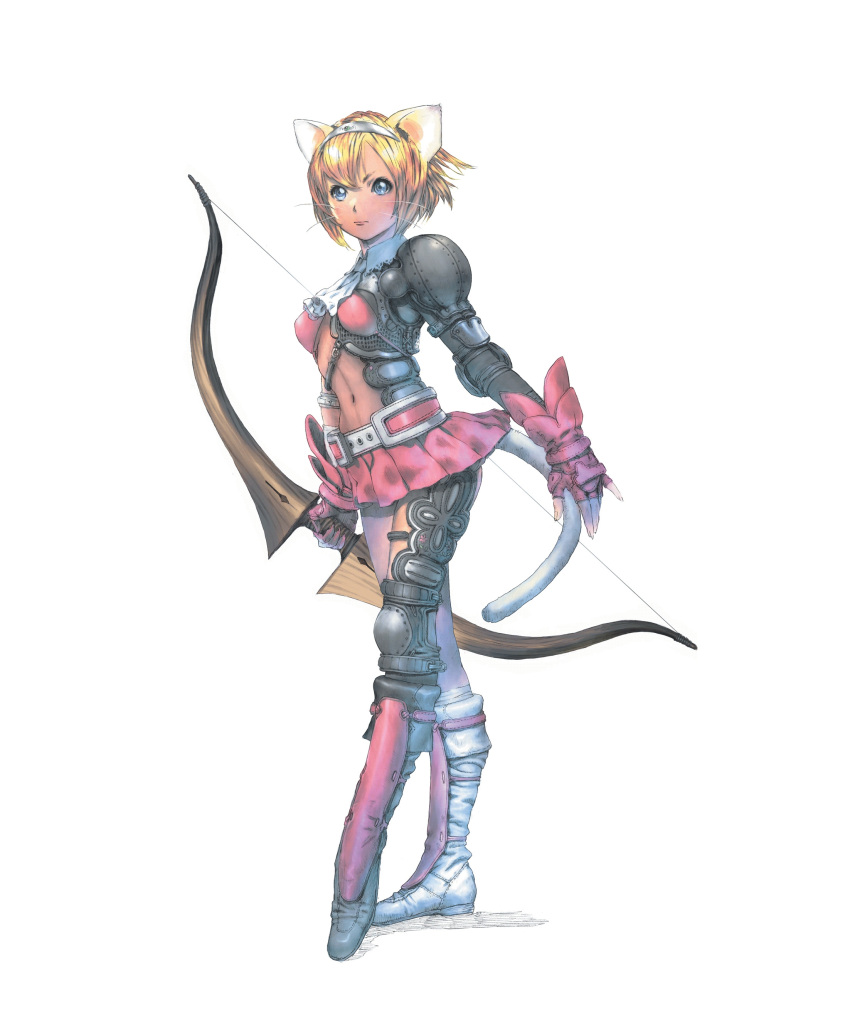 1girl, absurdres, animal_ears, armor, ascot, blonde_hair, blue_eyes, bob_cut, boots, bow_(weapon), brave_story, brave_story:_aratanaru_tabibito, brown_hair, cat, cat_ears, cat_tail, fingerless_gloves, flat_chest, gloves, hairband, highres, knee_boots, midriff, navel, official_art, pleated_skirt, short_hair, simple_background, skirt, solo, standing, tail, toe-point, weapon, whiskers, yasuda_akira, yuno_(brave_story)