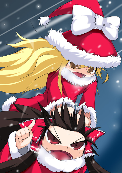 2girls, black_hair, blonde_hair, christmas, female, hakurei_reimu, hat, kirisame_marisa