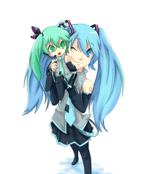 1girl, anbo, bad_id, blue_eyes, blue_hair, detached_sleeves, green_eyes, green_hair