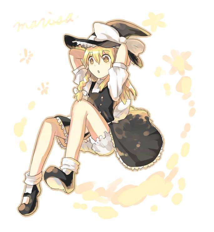 1girl, :o, arms_behind_head, bad_id, blonde_hair, bloomers, braid, female
