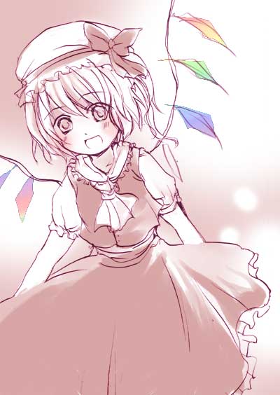 1girl, blush, female, flandre_scarlet, hat, mathnote, monochrome, pink