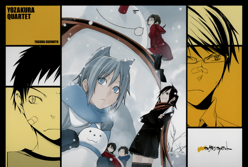 2boys, 3girls, animal_ears, bandage, bandaid, black_hair, blue_eyes, blue_hair