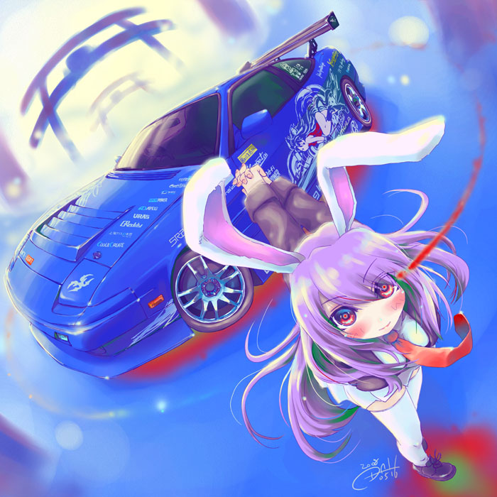 1girl, animal_ears, arms_behind_back, car, female, ground_vehicle, long_hair, motor_vehicle