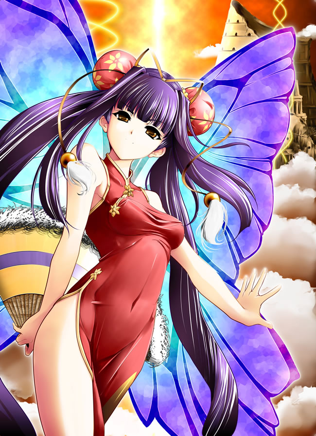 00s, bun_cover, butterfly_wings, china_dress, chinese_clothes, double_bun, dress, fan