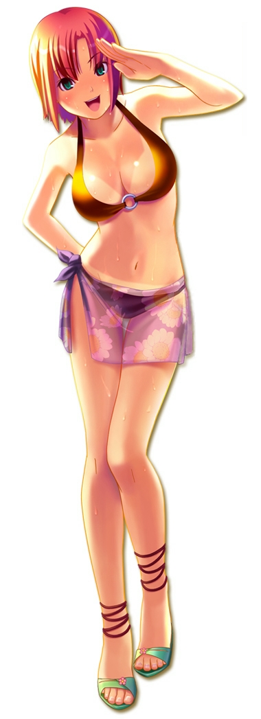 1girl, bikini, bikini_tan, breasts, cleavage, green_eyes, koutaro, large_breasts
