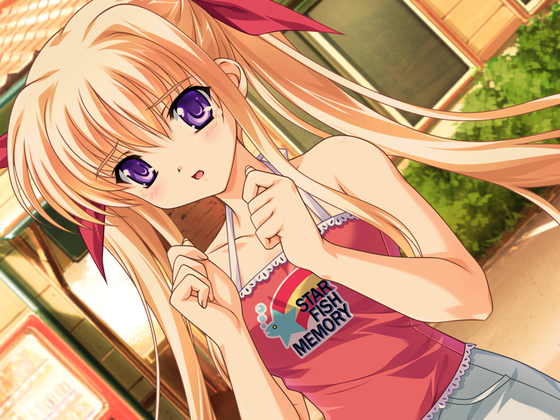 1girl, blonde_hair, braid, game_cg, halterneck, nagisano, ribbon, solo