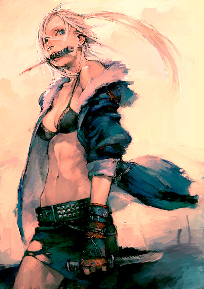 1girl, bad_id, bare_shoulders, belt, bikini_top, blood, blue_eyes, bra
