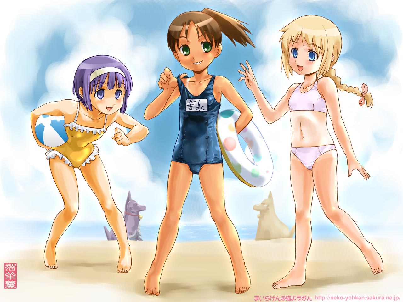 3girls, ball, barefoot, beach, beachball, bikini, blonde_hair, blue_eyes, braid, brown_hair, child, flat_chest, green_eyes, hairband, innertube, lili_hamilton, maira_gen, multiple_girls, name_tag, one-piece_swimsuit, one-piece_tan, onodera_mimori, ponytail, purple_hair, school_swimsuit, single_braid, swimsuit, tan, tanline, violet_eyes, wallpaper, yoshinaga-san'chi_no_gargoyle, yoshinaga_futaba