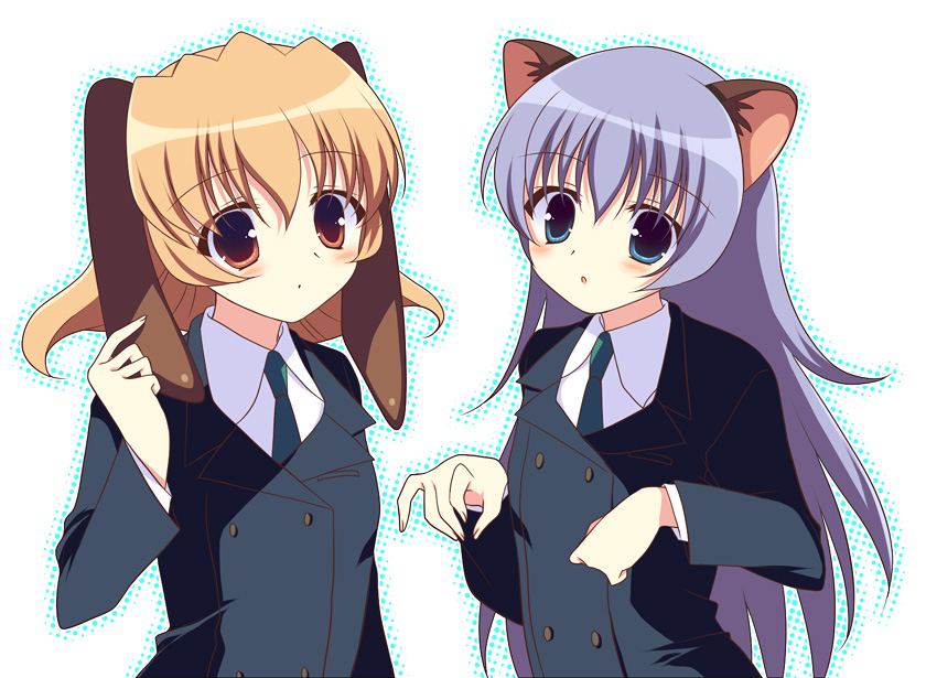 animal_ears, blue_eyes, blue_hair, brown_eyes, brown_hair, dog_ears, himuro_fuu, multiple_girls