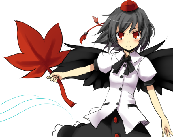 1girl, black_hair, black_wings, blush, female, hat, looking_at_viewer, red_eyes
