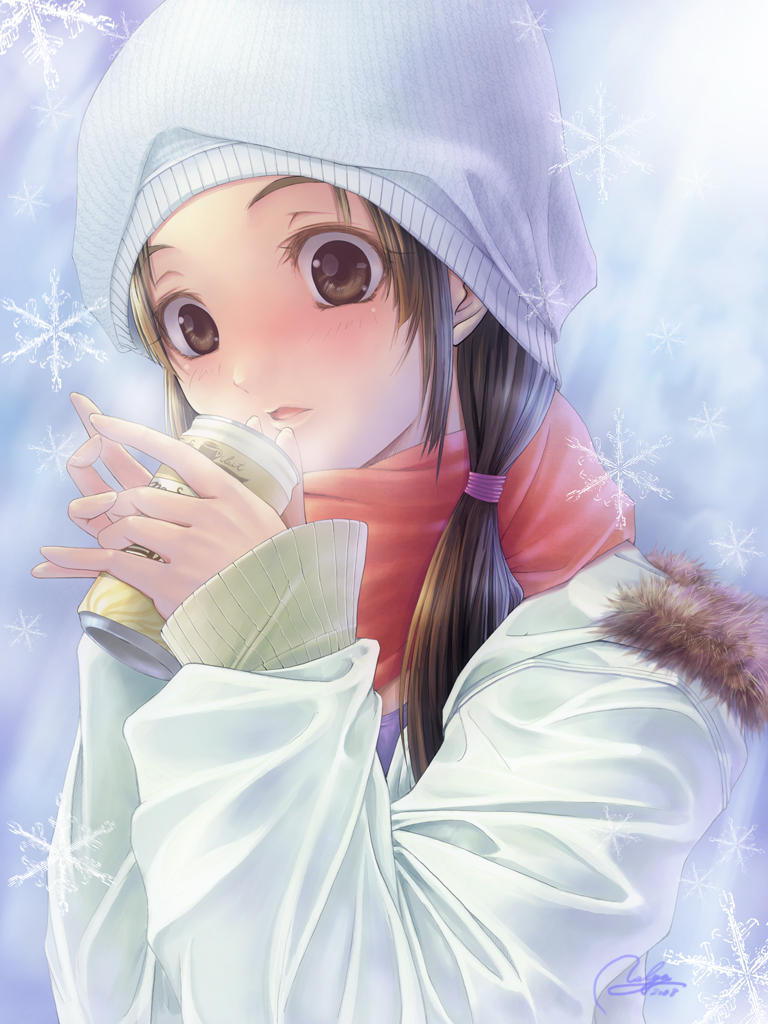 1girl, bad_id, beanie, breath, brown_eyes, brown_hair, can, hands, hat, original, scarf, shounen_democratica, snow, snowflakes, solo, twintails