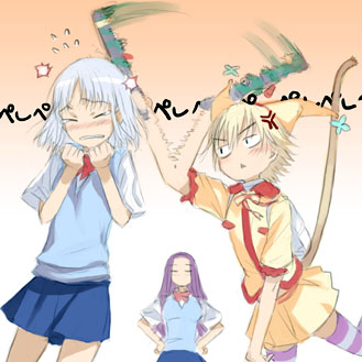 3girls, anger_vein, blush, cat_sidhe_nekoko, cat_tail, haimura_kiyotaka, hitting, kirimiya_mizuki