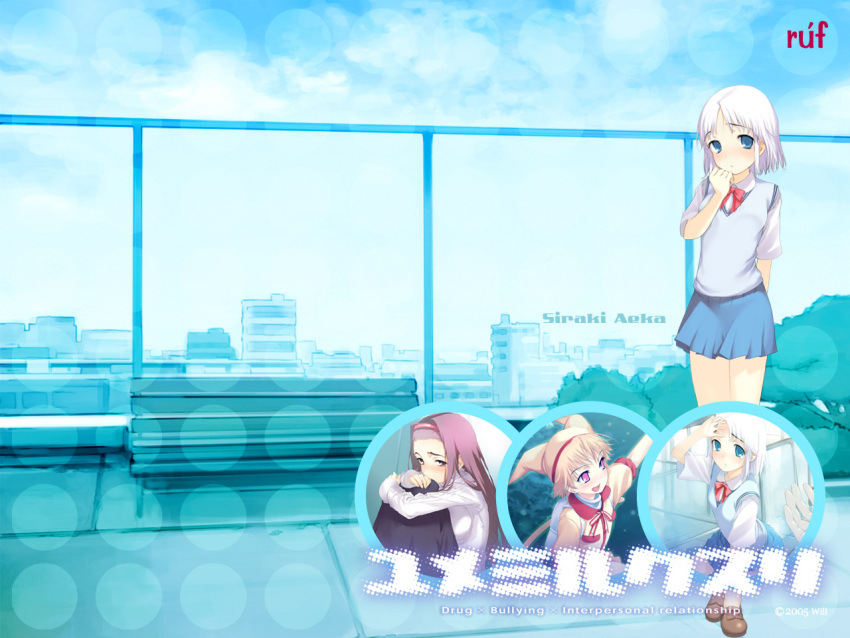 3girls, backpack, bag, bench, blonde_hair, blue_eyes, blush, bow