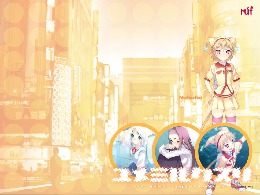 3girls, backpack, bag, blonde_hair, blue_eyes, blush, bow, bowtie