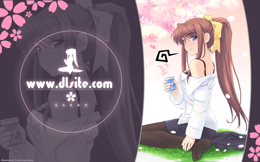 1girl, alcohol, beer, blue_eyes, bra, brown_hair, can, dlsite.com