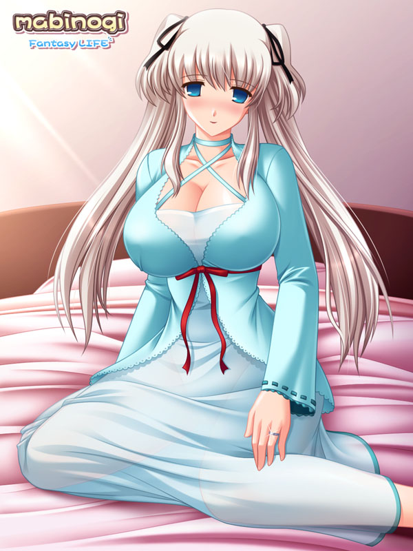 1girl, adult, bed, blue_eyes, blush, breasts, cleavage, huge_breasts