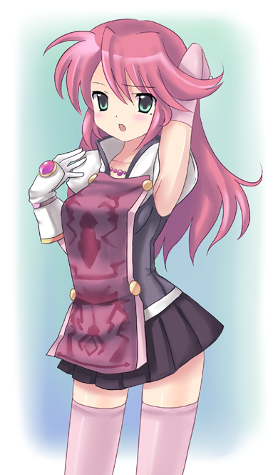 aqua_background, armpits, bad_id, blush, ebi_shamo, elbow_gloves, gloves, green_eyes, long_hair, mole, peridot_hamilton, pink_hair, pink_legwear, pink_thighhighs, skirt, tabard, tales_of_(series), tales_of_hearts, thigh-highs, thighhighs